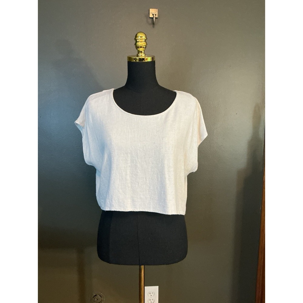 Final Touch Linen Rayon Blend Off White Cream Short Sleeve Cropped Open Back Top